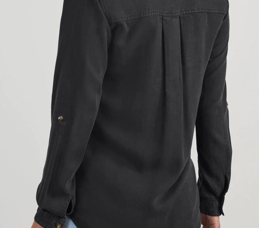 Collared Neck Roll-Tab Sleeve Denim Top