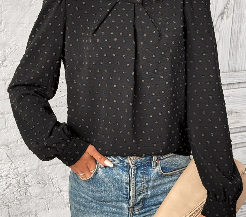 Swiss Dot Mock Neck Long Sleeve Blouse