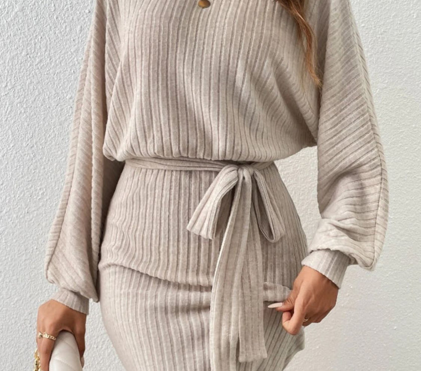Round Neck Tie Waist Long Sleeve Mini Dress