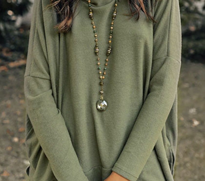Side Slit High-Low Cowl Neck Long Sleeve Blouse