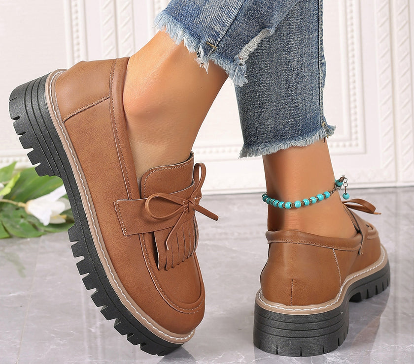 PU Leather Bow Platform Loafers