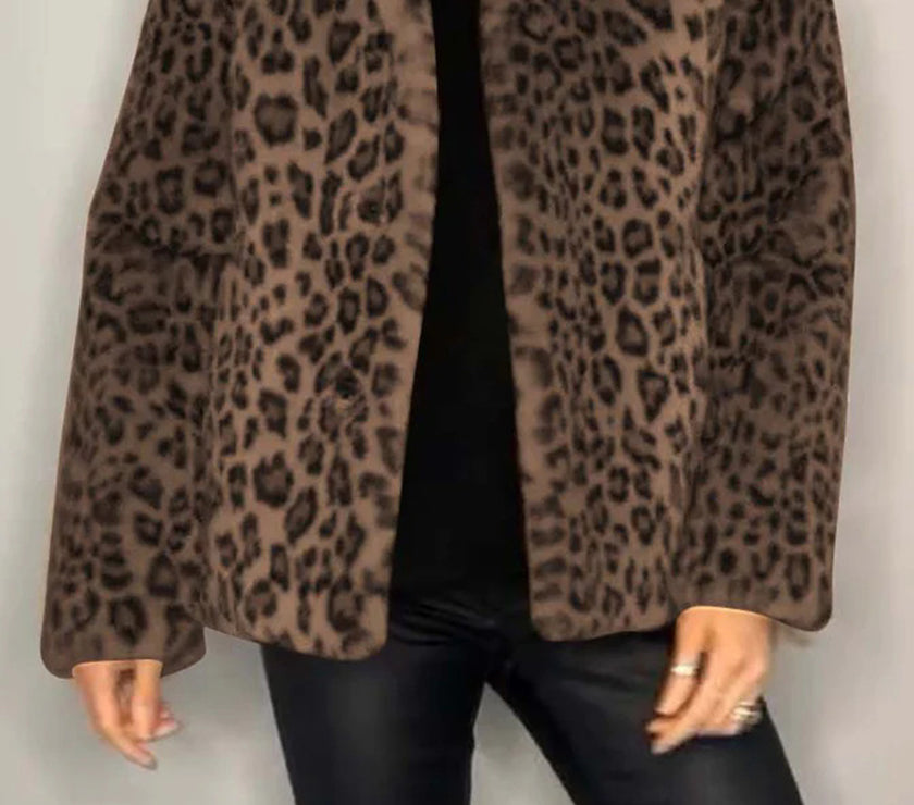Full Size Leopard Furry Collared Neck Long Sleeve Coat