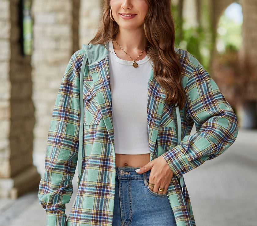 Mandy Plaid Long Sleeve Hooded Jacket