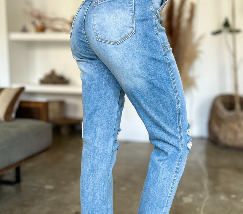 Judy Blue Full Size Distressed Straight Jeans with Patch Pockets