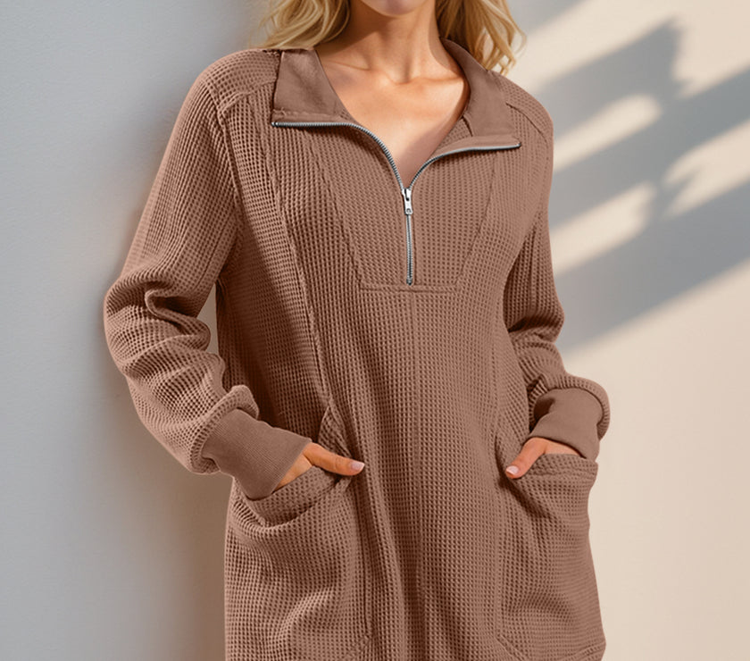 Double Take Waffle Long Sleeve Mini Dress with Pockets