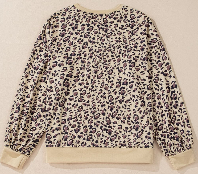 Slit Leopard Round Neck Long Sleeve Sweatshirt
