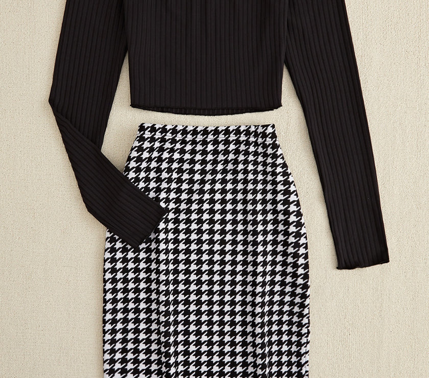 Off-Shoulder Long Sleeve Top and Houndstooth Skirt Set