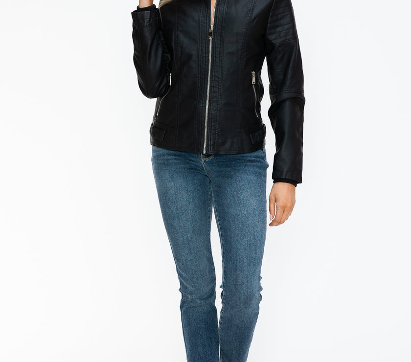 Snobbish PU Leather Biker Jacket with Side Zip Pockets