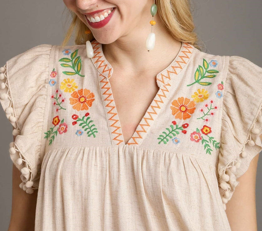 Jet Stream Linen Embroidery Split Neck Pom Pom Ruffle Sleeves Flowy Short Dress