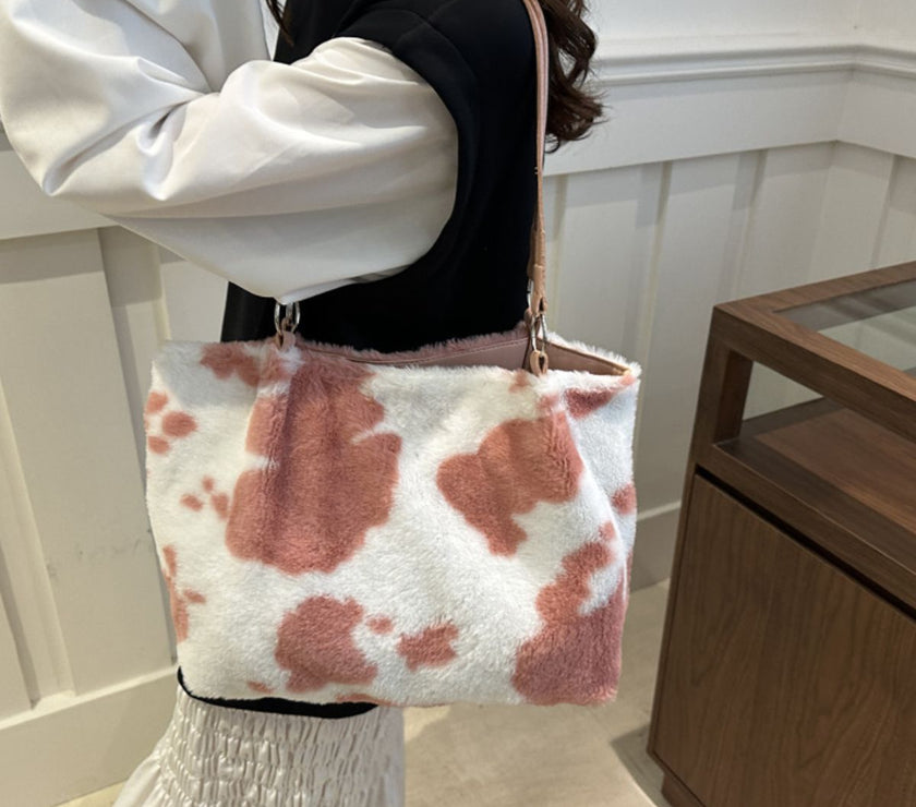 Cow Print Furry Tote Bag