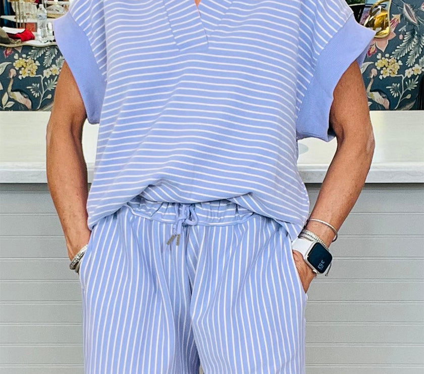 Sky Blue Stripe Dolman Sleeve Polo Shirt and Drawstring Shorts Set