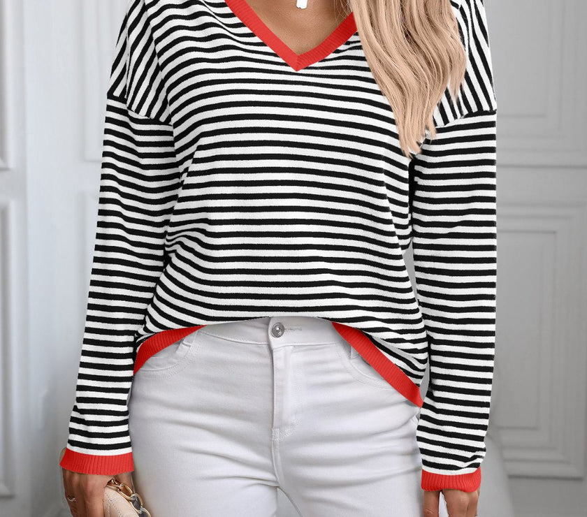 Contrast Trim Striped V-Neck Long Sleeve Knit Top