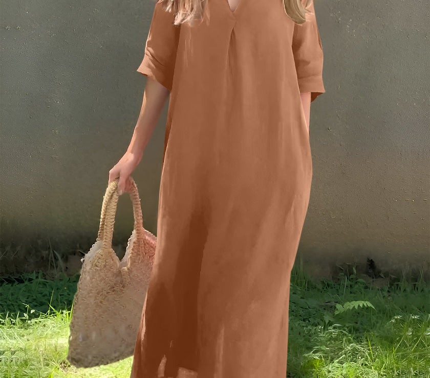 Full Size Notched Half Sleeve Midi Dress