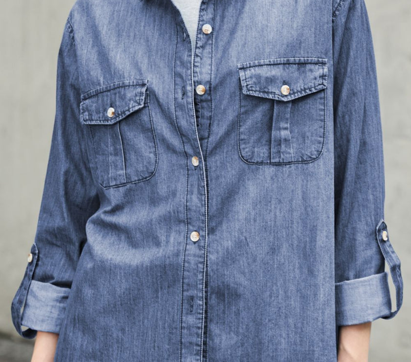 Pocketed Collared Neck Long Sleeve Denim Top