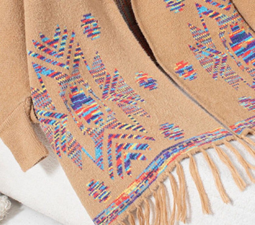 Fringe Geometric Open Front Long Sleeve Cape