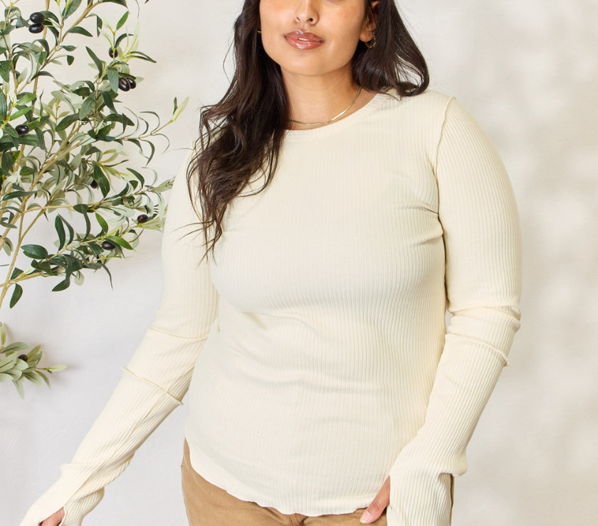 Culture Code Full Size Ribbed Round Neck Long Sleeve Top