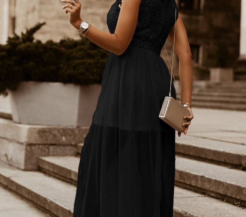 Slit Lace Detail V-Neck Dress