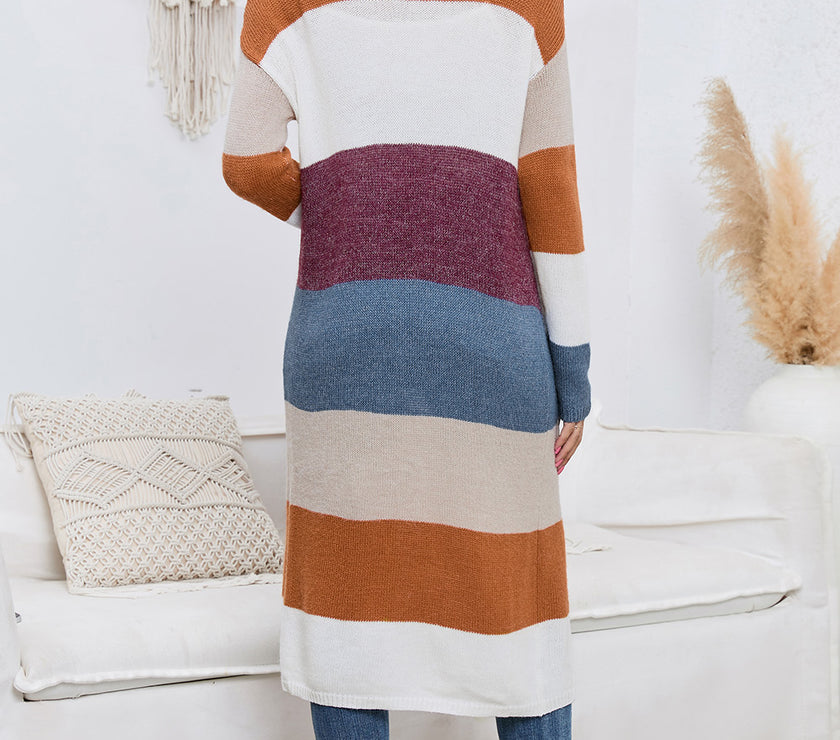 Long Color Block Open Front Pocketed Cardigan