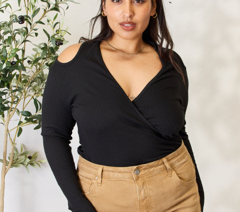 Culture Code Full Size Ribbed Surplice Cold Shoulder Top