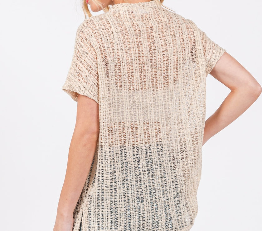 Ces Femme See Through Crochet Mock Neck Cover Up