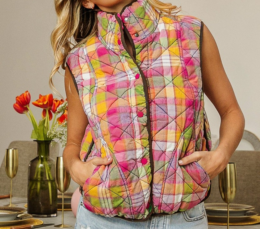BiBi Quilted Washed Plaid Snap Down Vest