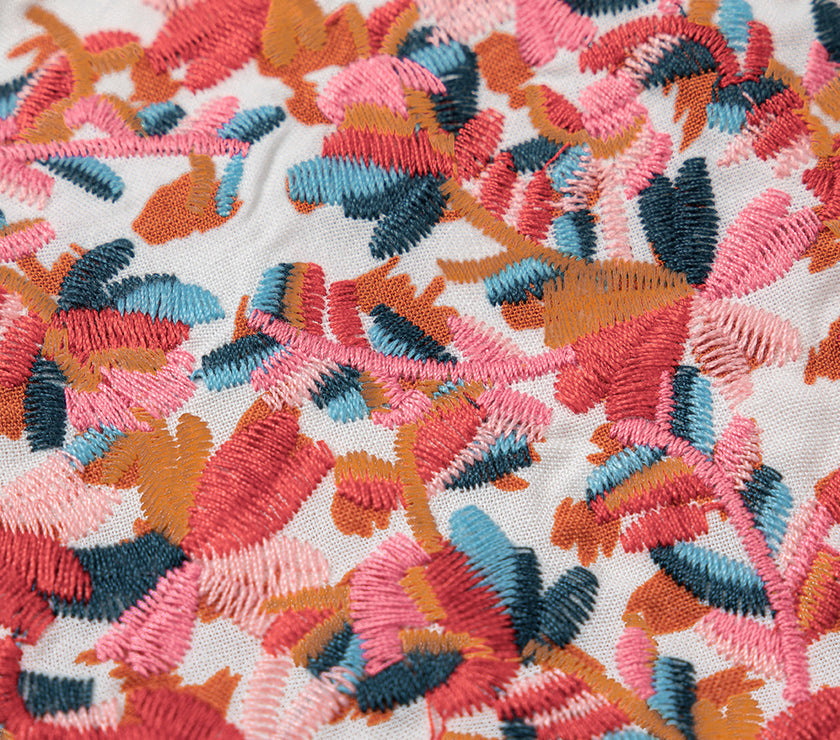 Red Printed Embroidery Detail Tie Split Neck Blouse