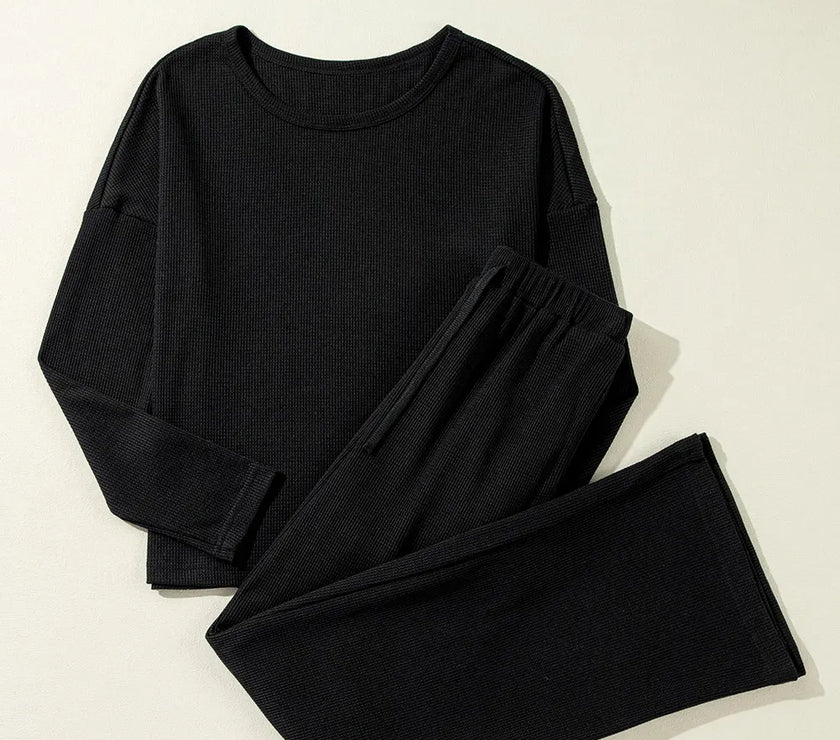 Round Neck Long Sleeve Top and Drawstring Pants Lounge Set