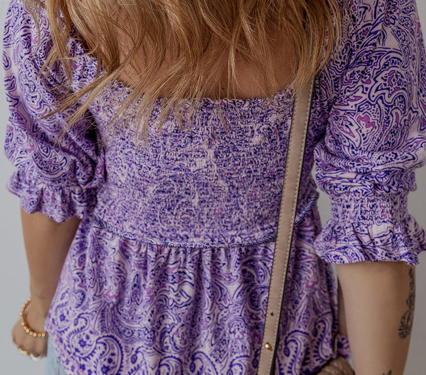 Purple Boho Paisley Print Half Sleeve Shirred Peplum Blouse