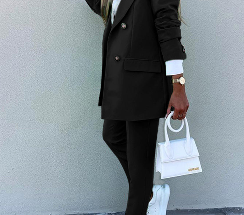 Lapel Collar Long Sleeve Blazer and Pants Set