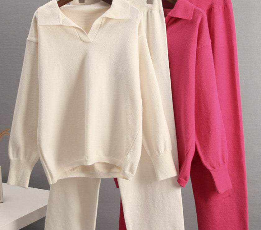 Johnny Collar Long Sleeve Top and Pants Sweater Set