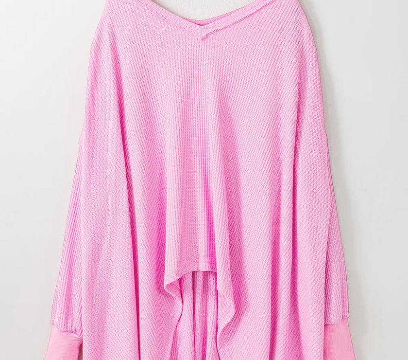 Waffle-Knit V-Neck Long Sleeve Blouse