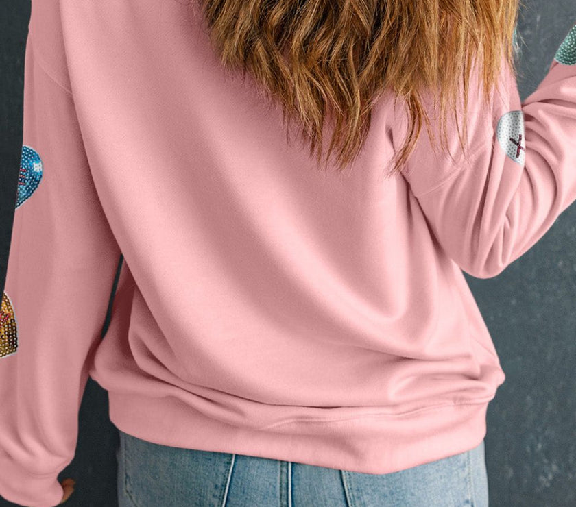 Valentine’s Day Sequin Heart Round Neck Long Sleeve Sweatshirt