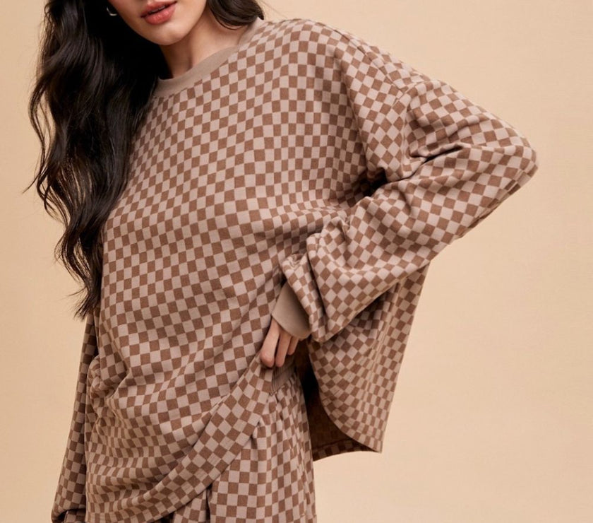 Annie Wear Checkered Round Neck Top and Drawstring Shorts Set