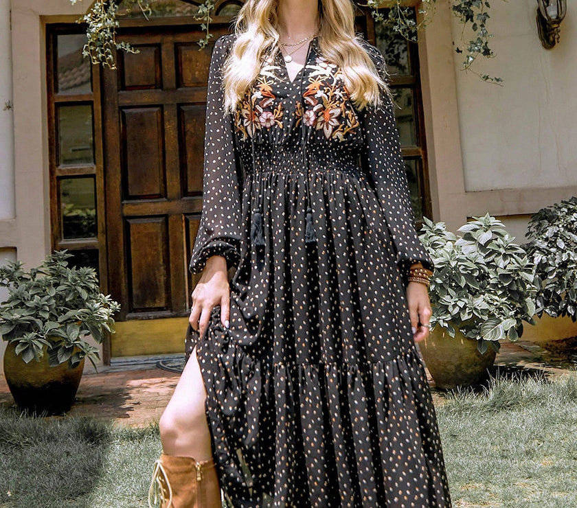 Embroidered Polka Dot Tie Neck Long Sleeve Midi Dress