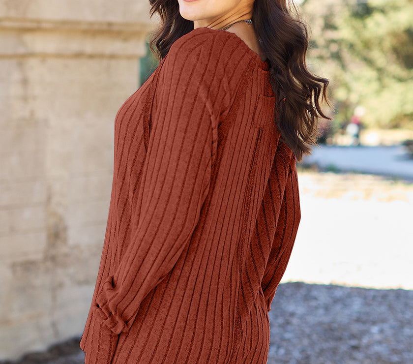 Basic Bae Full Size Ribbed Round Neck Long Sleeve Knit Top