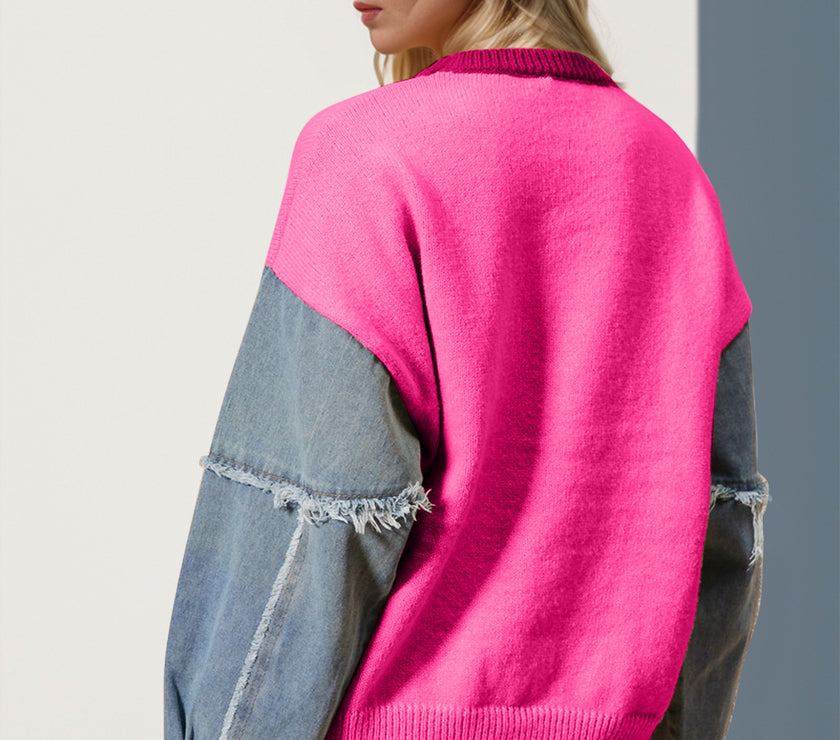 Double Take Full Size Star Pattern Raw Edge Long Sleeve Sweater