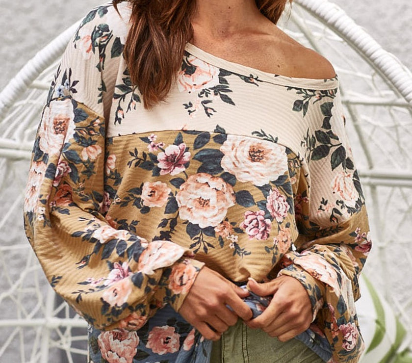 BiBi Floral Jacquard Color Block Top