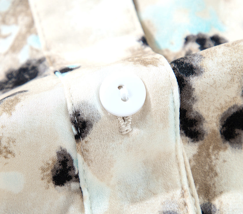 Khaki Leopard Print Buttoned Front 3/4 Sleeve Tiered Ruffled Hem Dress