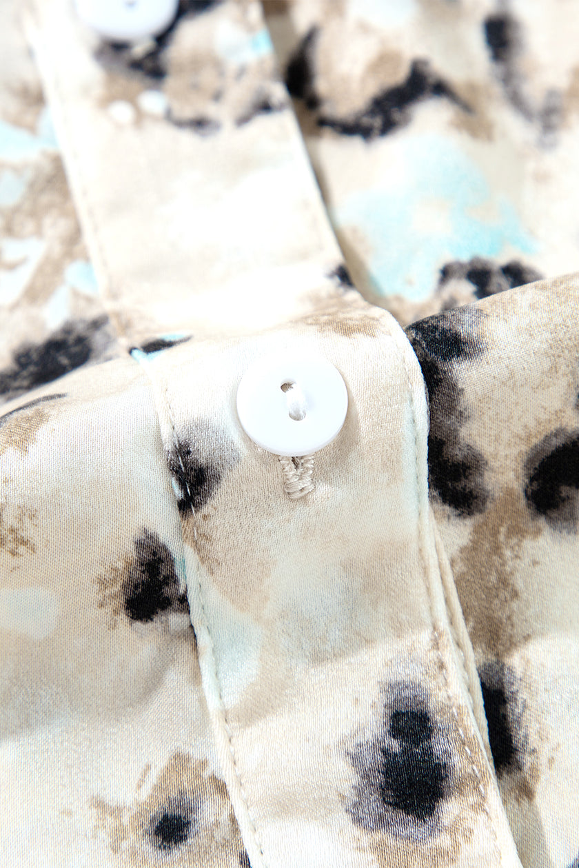 Khaki Leopard Print Buttoned Front 3/4 Sleeve Tiered Ruffled Hem Dress