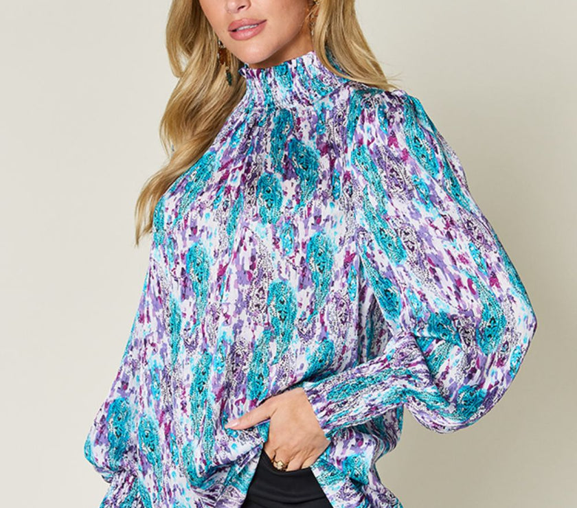 Double Take Full Size Printed Smocked Long Sleeve Blouse