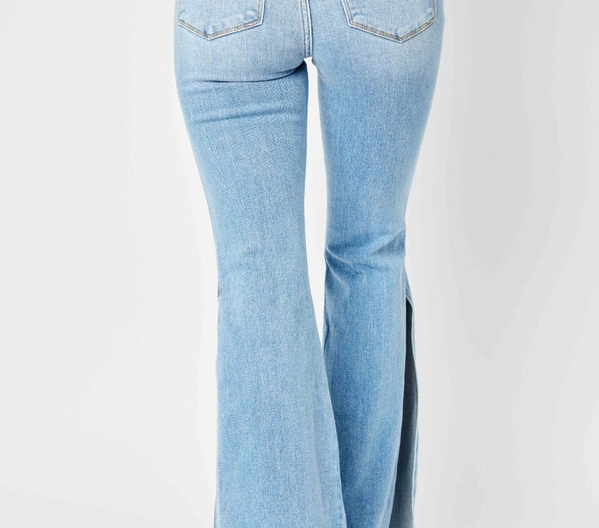 Judy Blue Full Size Mid Rise Raw Hem Slit Flare Jeans