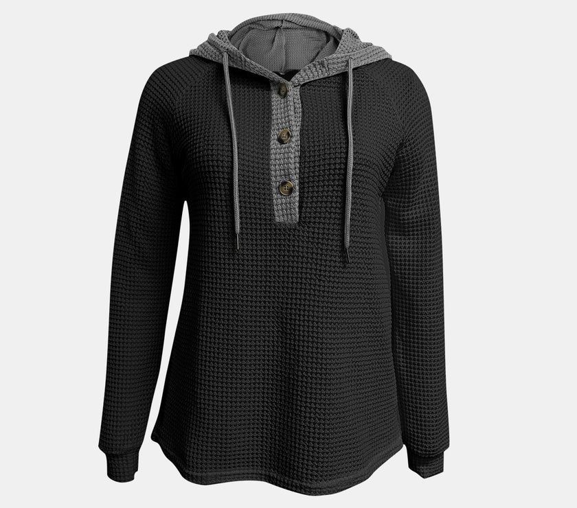 Full Size Waffle-Knit Contrast Long Sleeve Hoodie