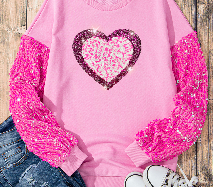 Valentine’s Day Sequin Heart Long Sleeve Sweatshirt