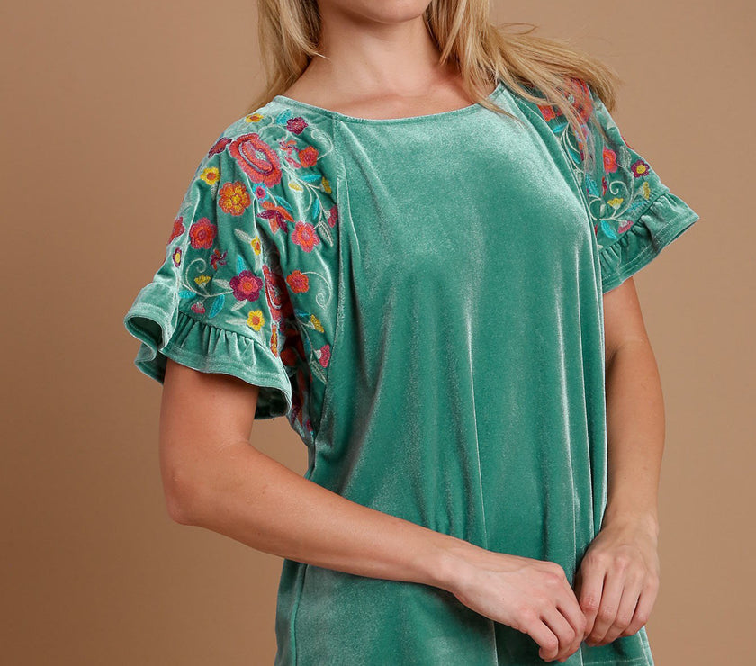 Umgee Velvet Embroidery Short Sleeve Blouse