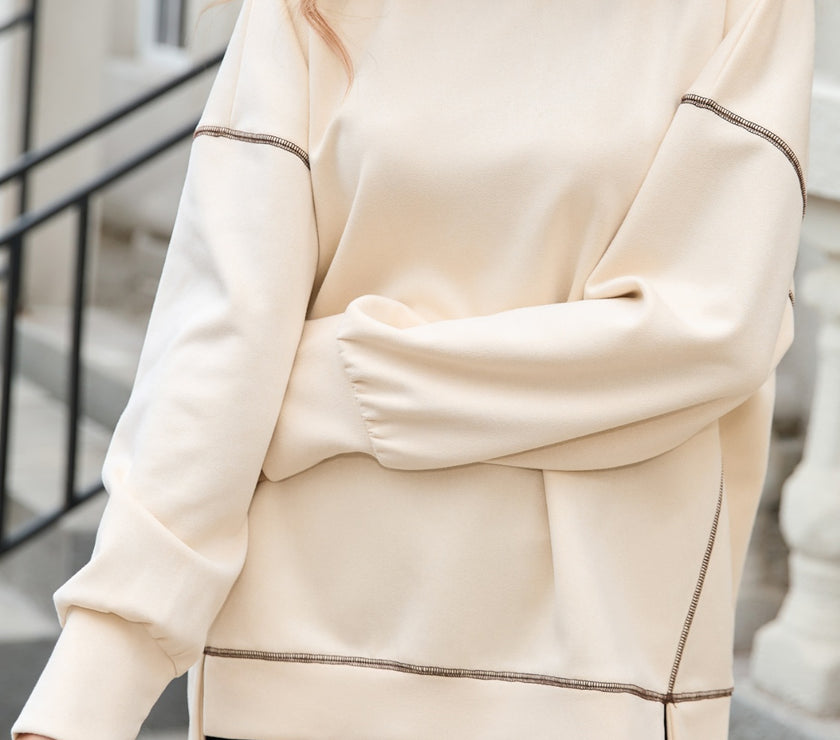 Slit Round Neck Long Sleeve T-Shirt