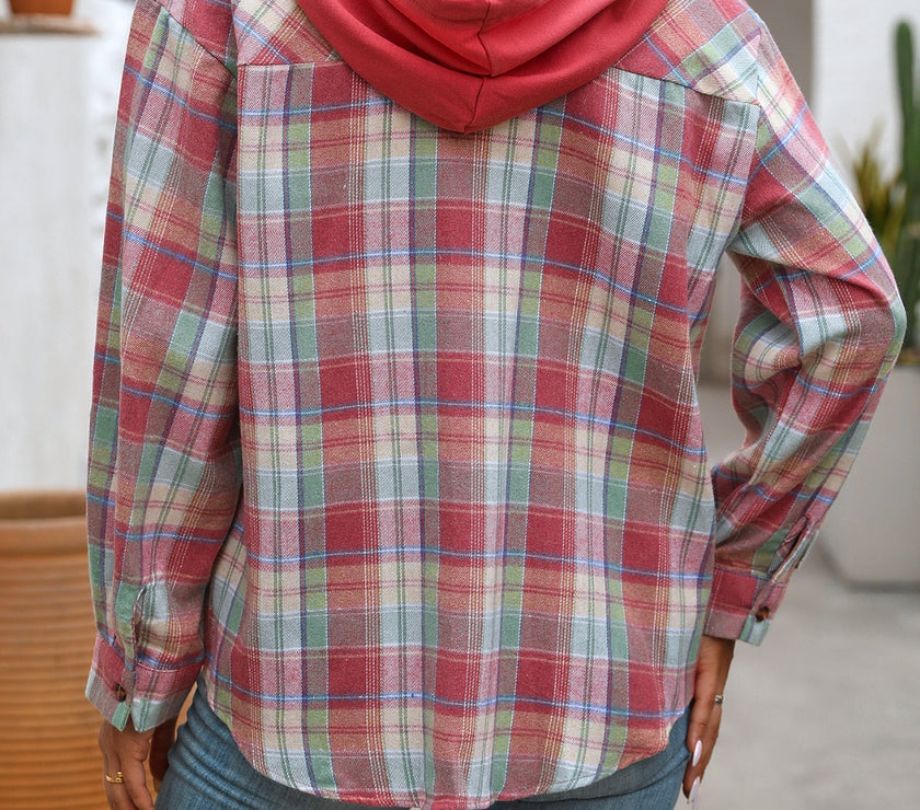 Plaid Long Sleeve Hooded Jacket
