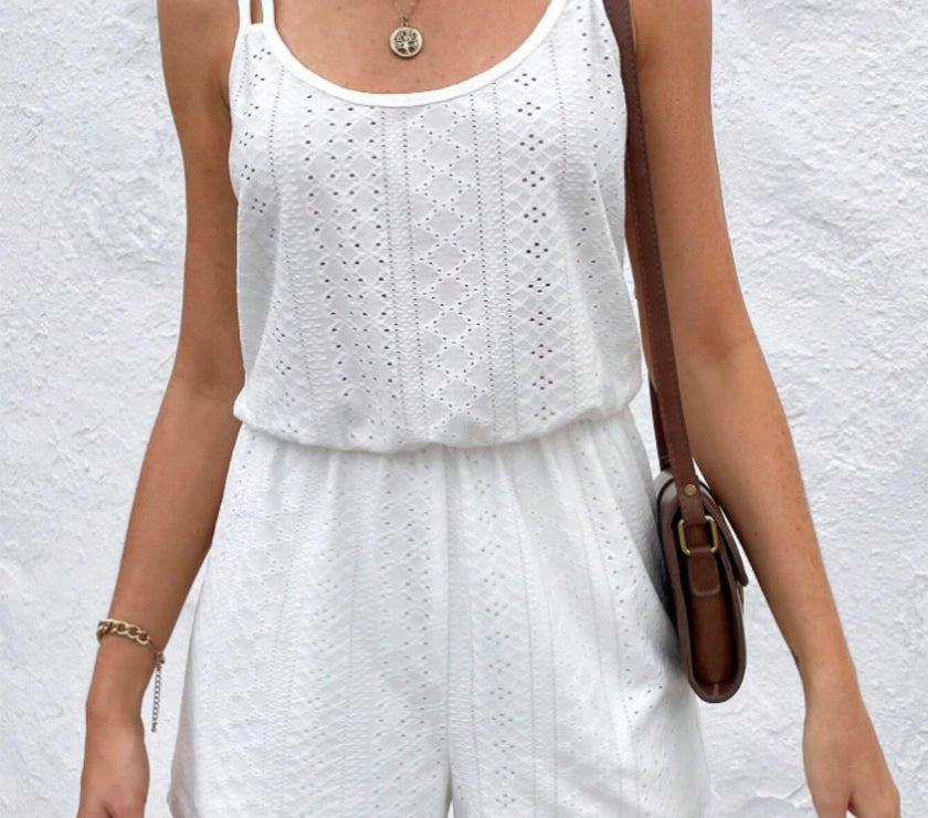 Eyelet Scoop Neck Double Spaghetti Straps Romper