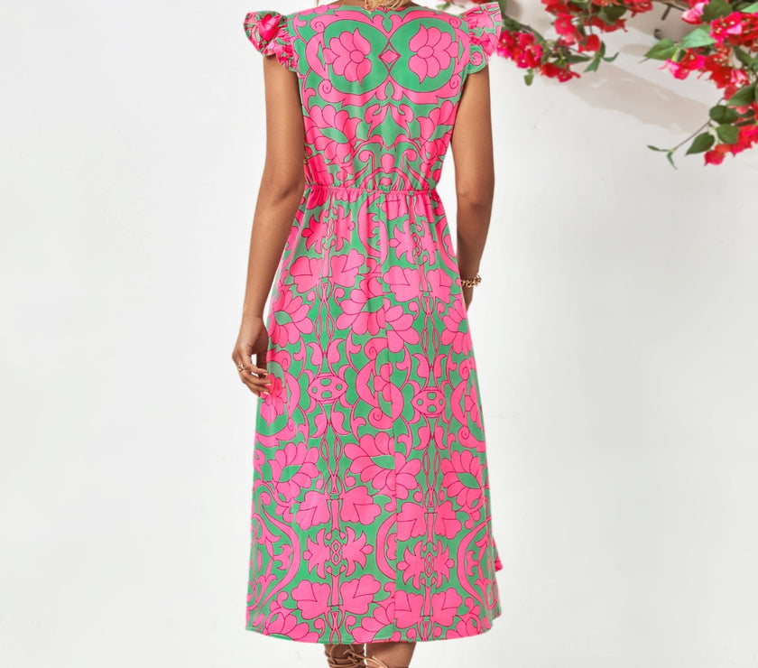 Printed V-Neck Cap Sleeve Dress