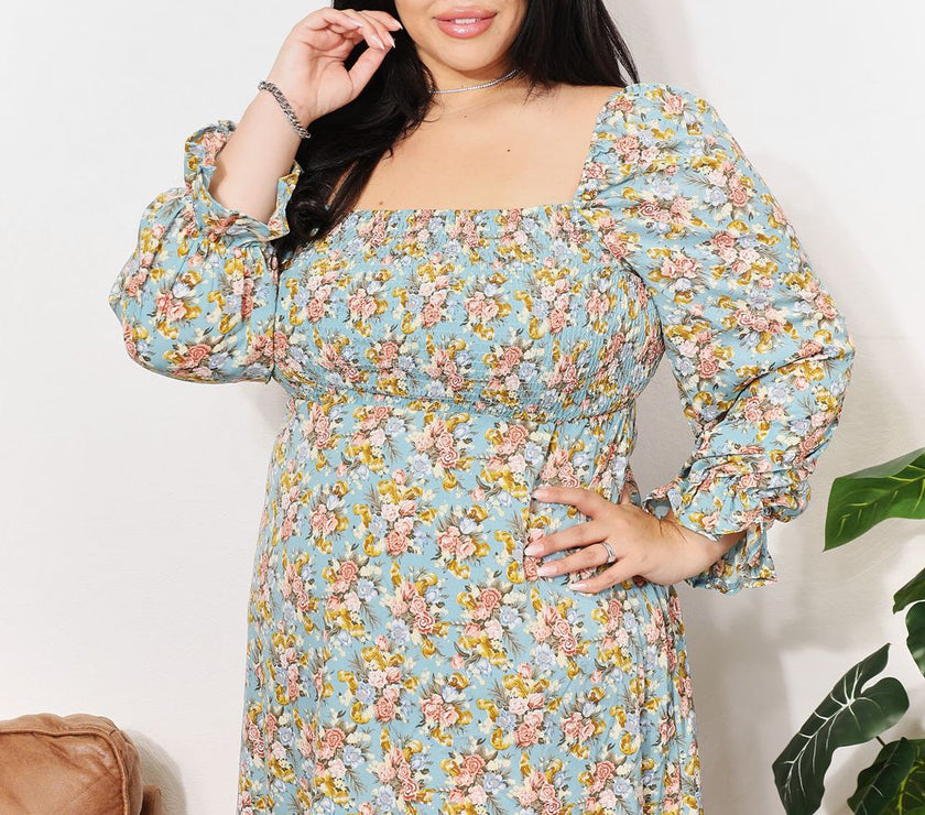 Honey Floral Smocked Flounce Sleeve Square Neck Dress