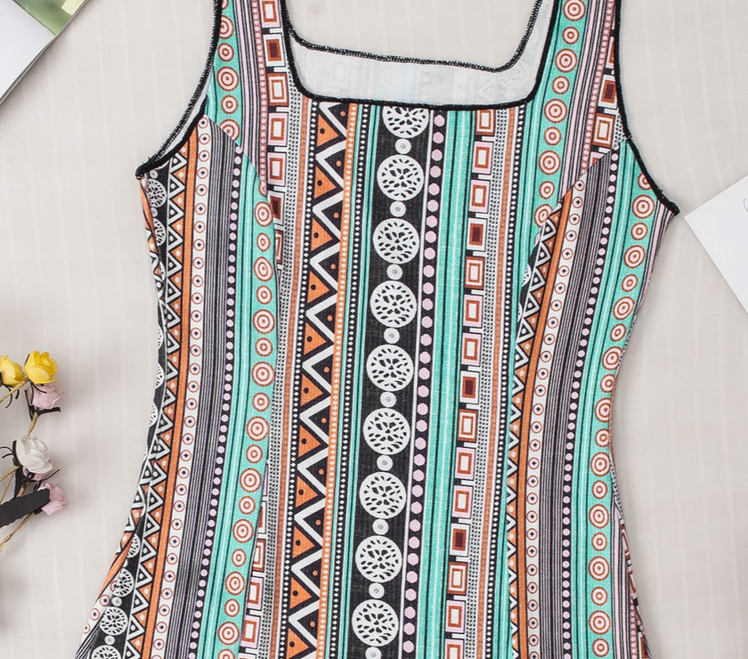 Printed Square Neck Wide Strap Tank